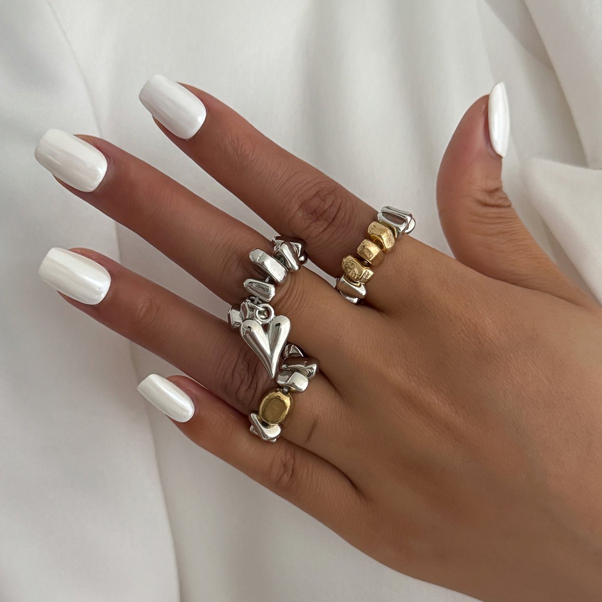 Geometric 3pcs Heart Charm Irregular Beaded Ring Set - ArtGalleryZen