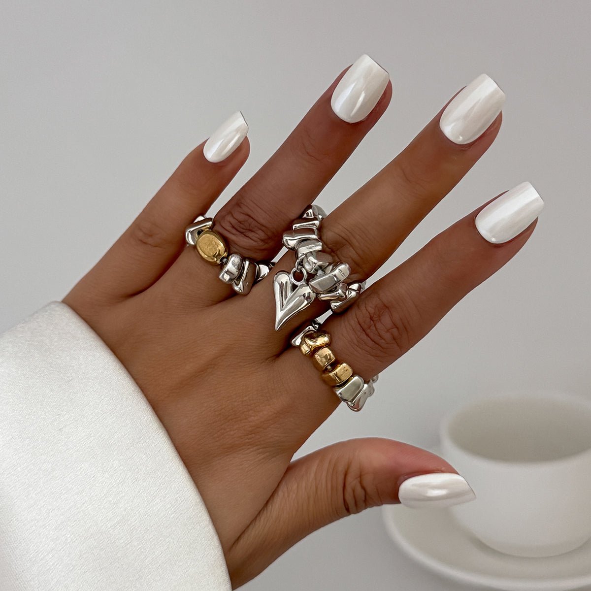 Geometric 3pcs Heart Charm Irregular Beaded Ring Set - ArtGalleryZen