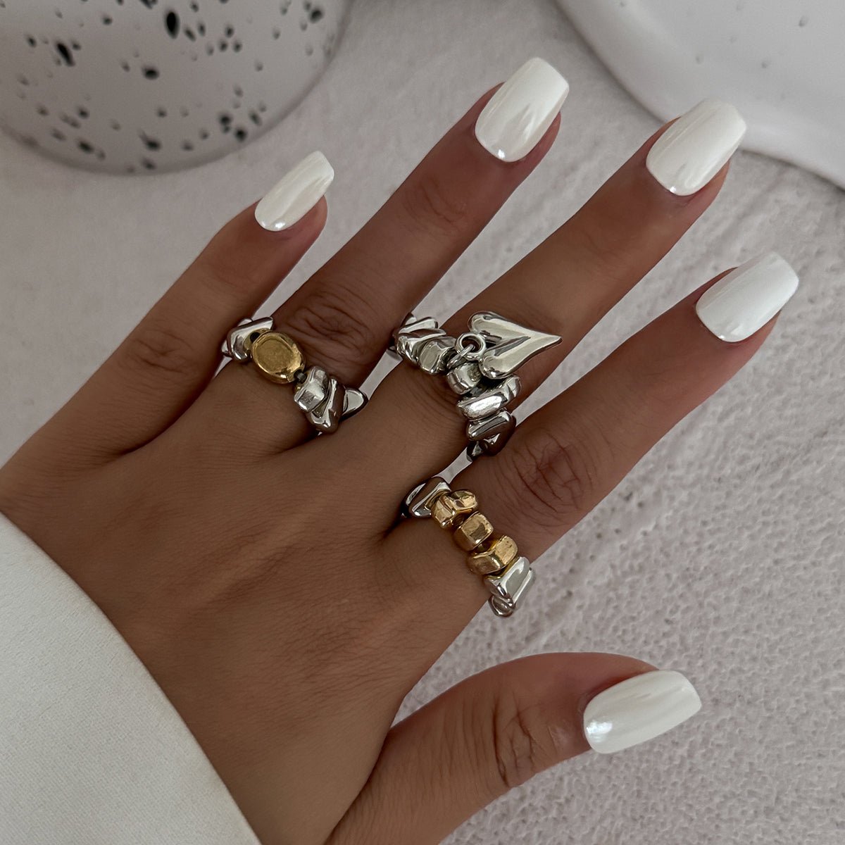 Geometric 3pcs Heart Charm Irregular Beaded Ring Set - ArtGalleryZen