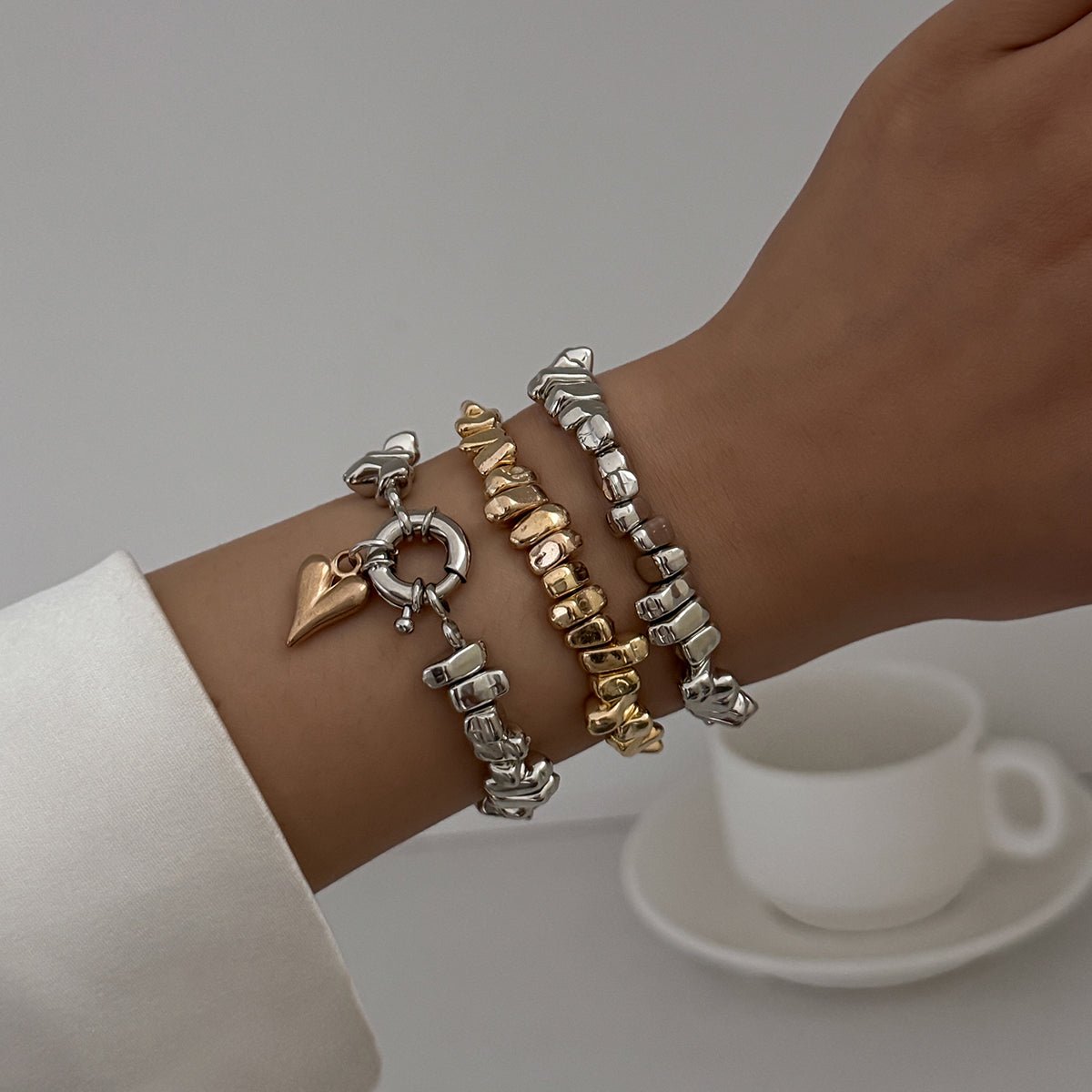 Geometric 3pcs Two Tone Heart Charm Irregular Beaded Bracelet Set - ArtGalleryZen