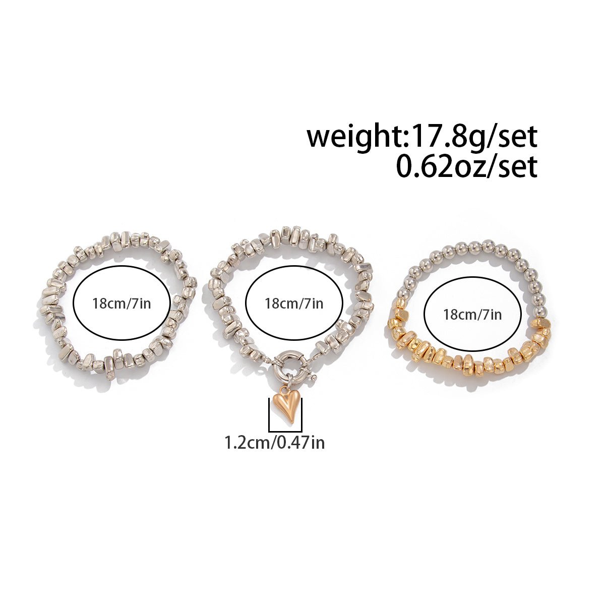 Geometric 3pcs Two Tone Heart Charm Irregular Beaded Bracelet Set - ArtGalleryZen