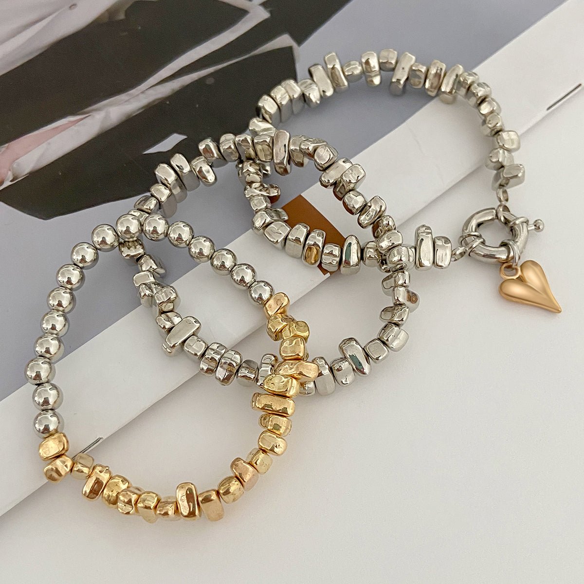 Geometric 3pcs Two Tone Heart Charm Irregular Beaded Bracelet Set - ArtGalleryZen