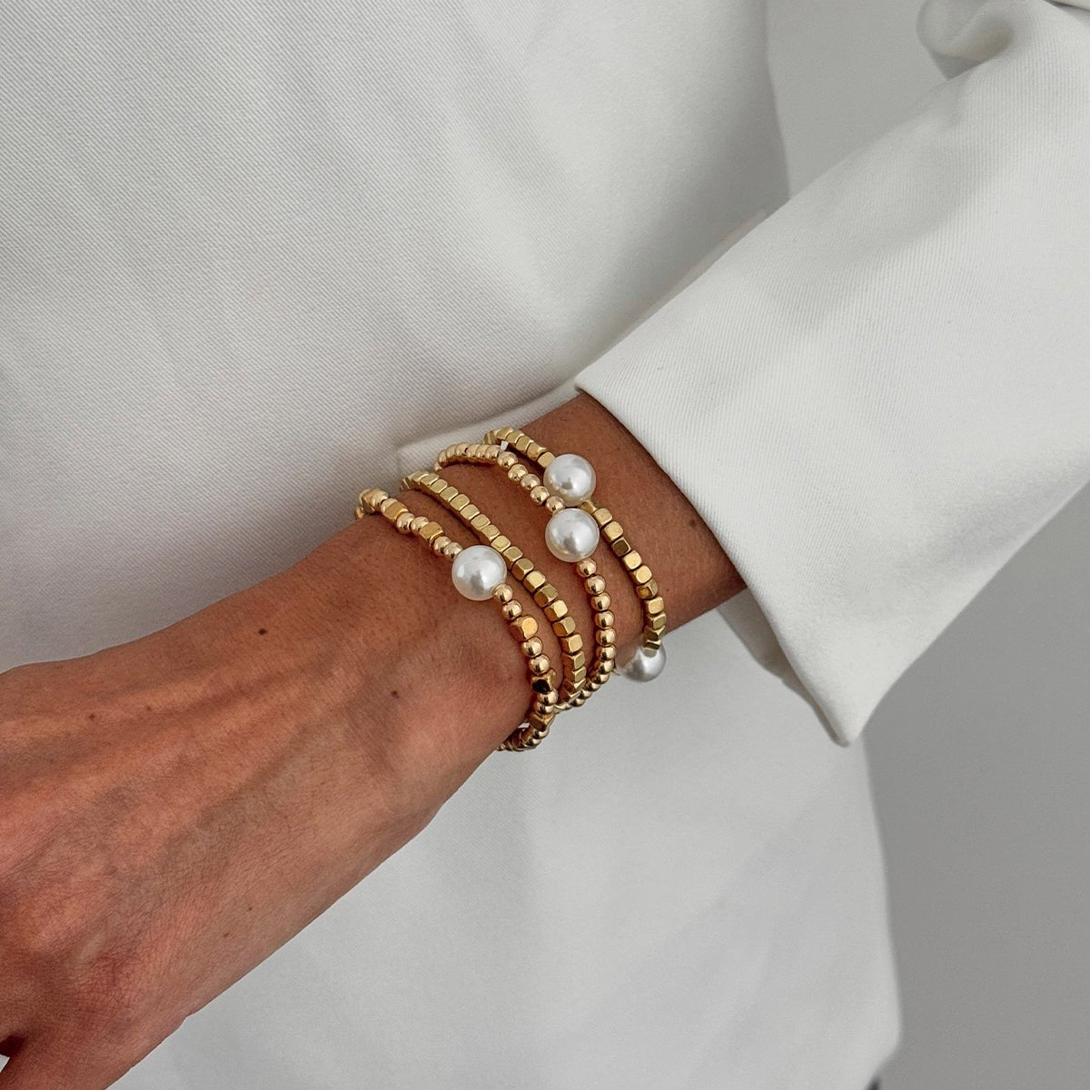 Geometric 4pcs Gold Silver Tone Pearl Square Beaded Bracelet Set - ArtGalleryZen