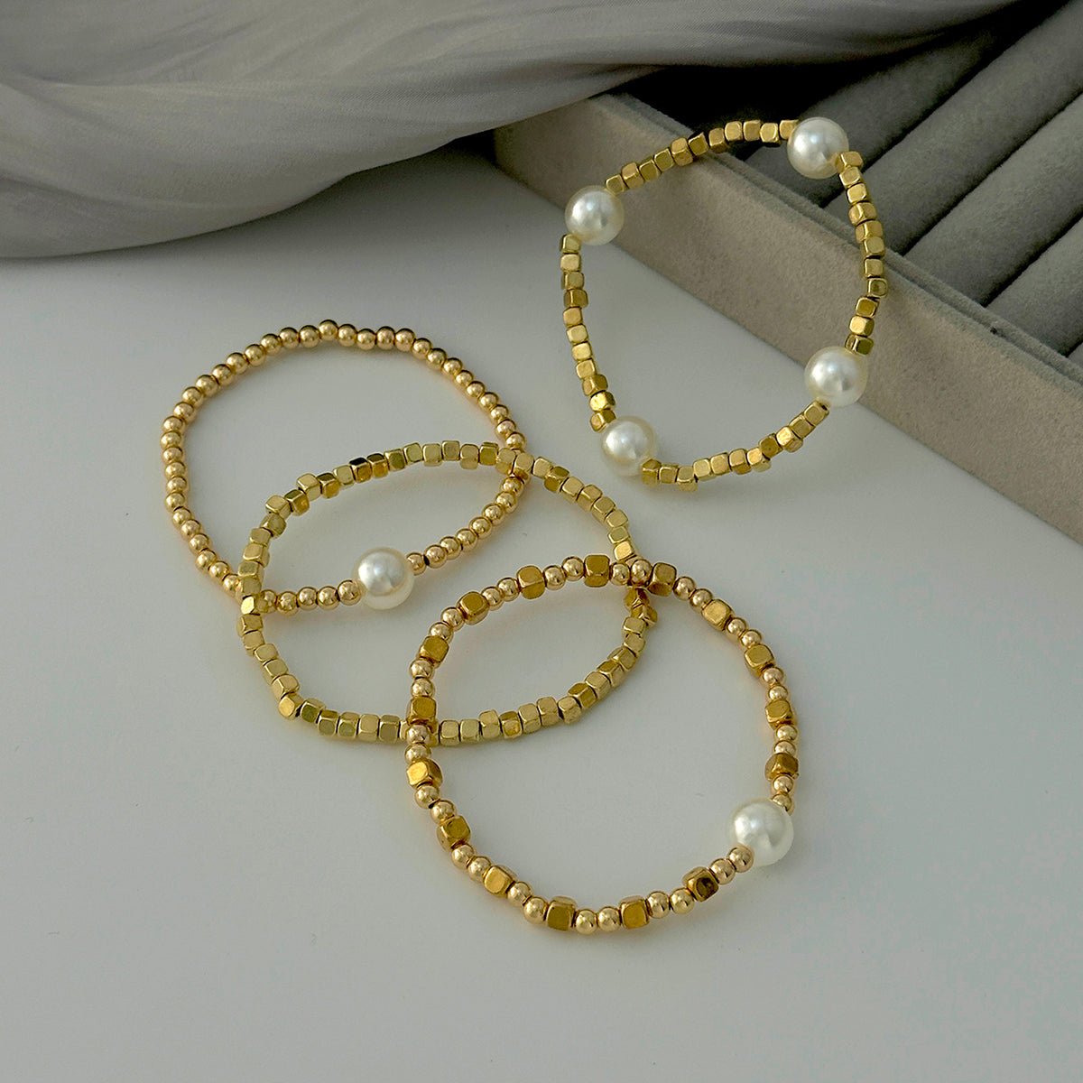 Geometric 4pcs Gold Silver Tone Pearl Square Beaded Bracelet Set - ArtGalleryZen