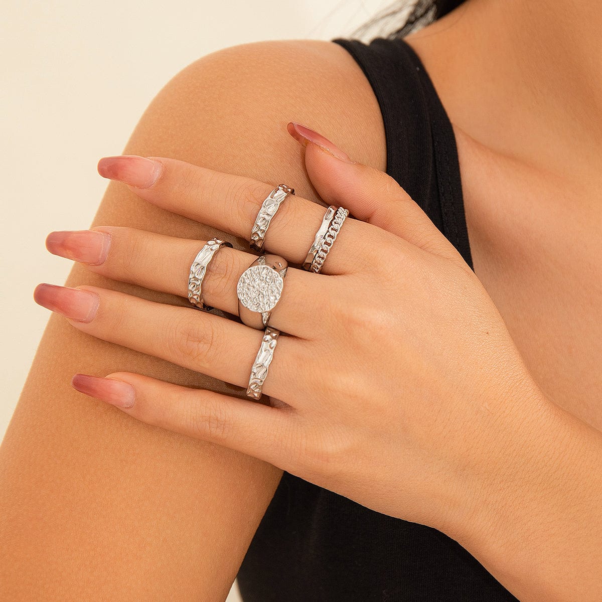 Geometric 4pcs Irregular Hammered Disc Open Ring Set - ArtGalleryZen