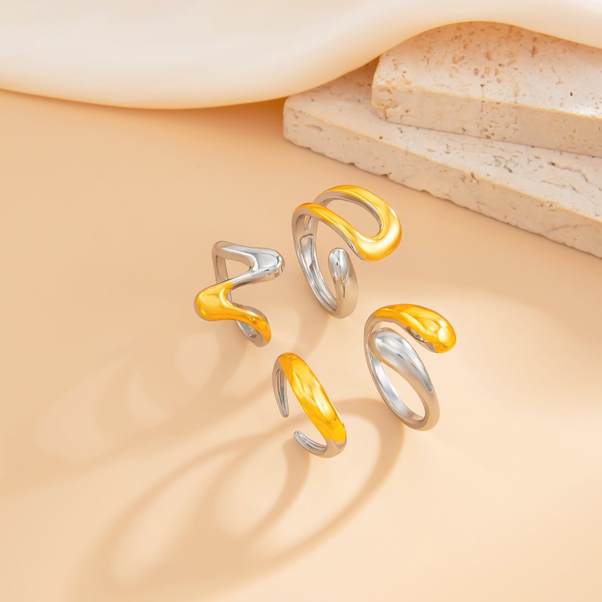 Geometric 4pcs Two Tone Waterdrop Ring set - ArtGalleryZen