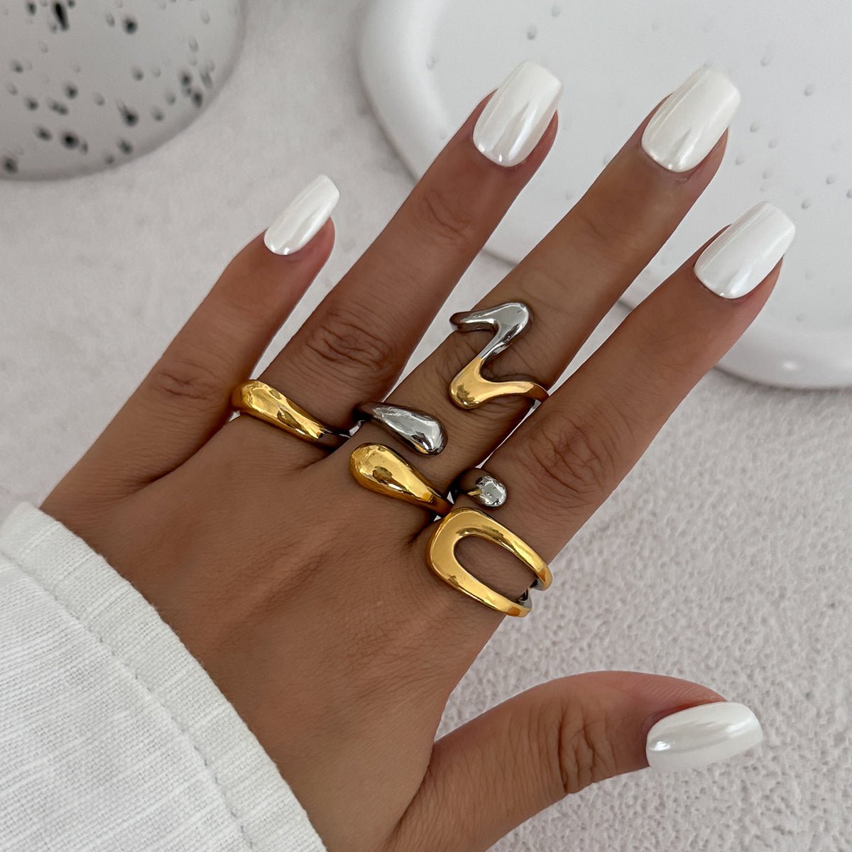 Geometric 4pcs Two Tone Waterdrop Ring set - ArtGalleryZen