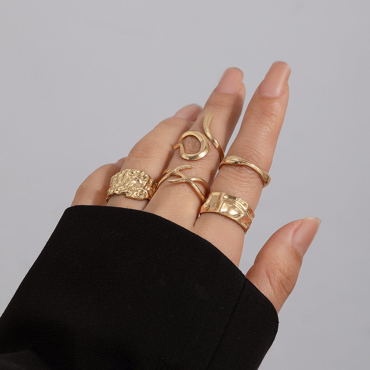 Geometric 5Pcs Chunky Hammered Stackable Open Ring Set - ArtGalleryZen