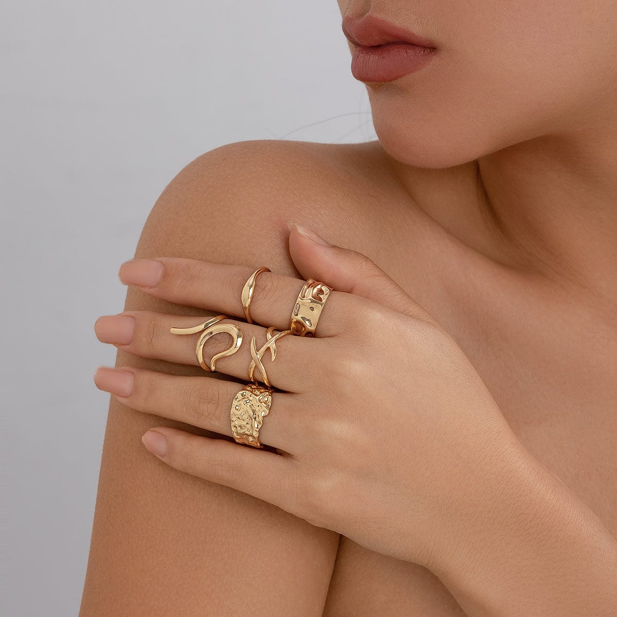 Geometric 5Pcs Chunky Hammered Stackable Open Ring Set - ArtGalleryZen