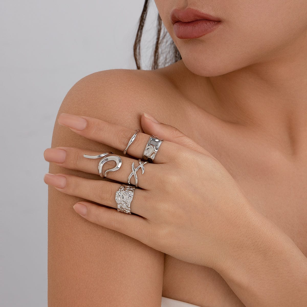 Geometric 5Pcs Chunky Hammered Stackable Open Ring Set