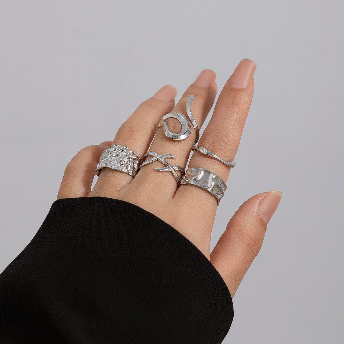 Geometric 5Pcs Chunky Hammered Stackable Open Ring Set