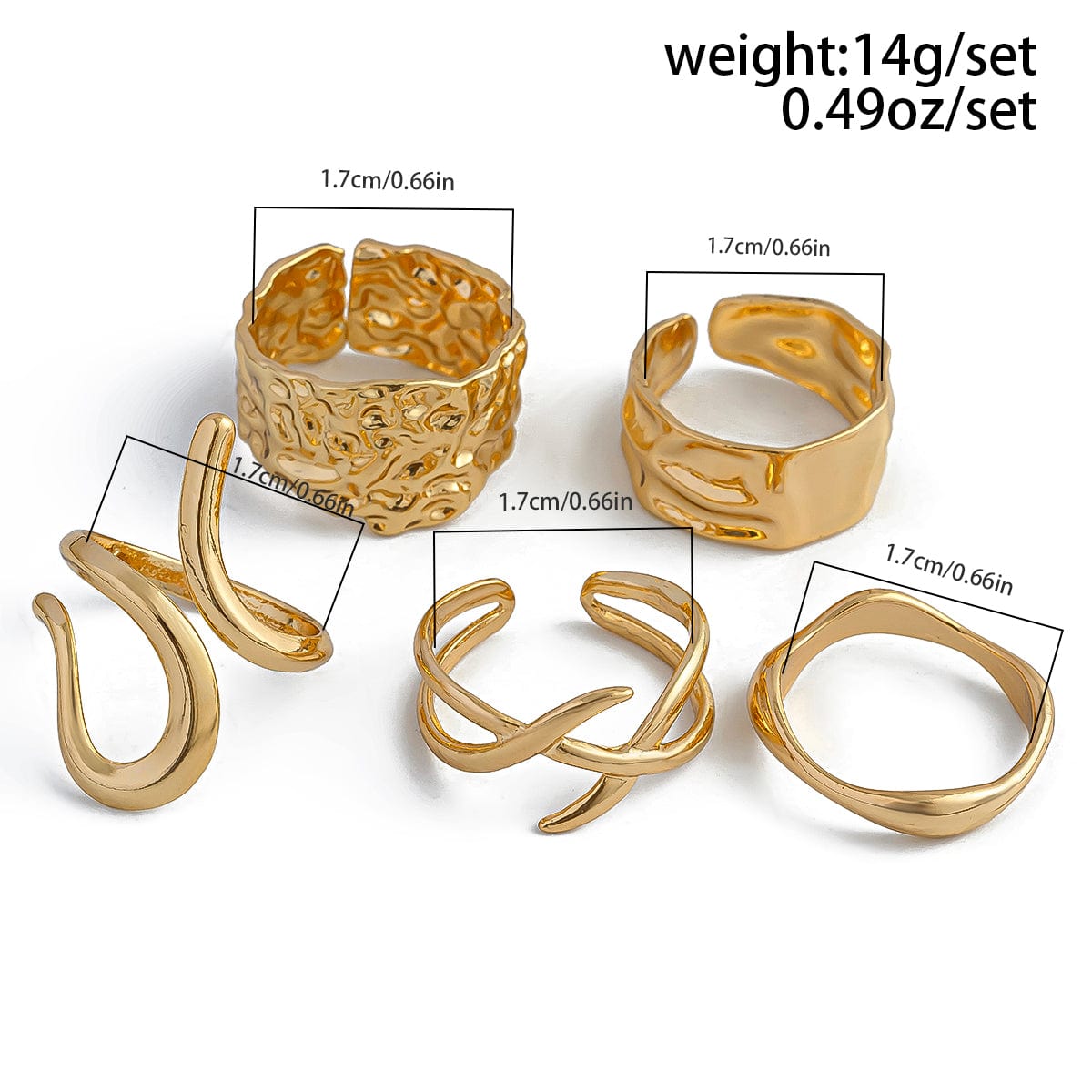 Geometric 5Pcs Chunky Hammered Stackable Open Ring Set