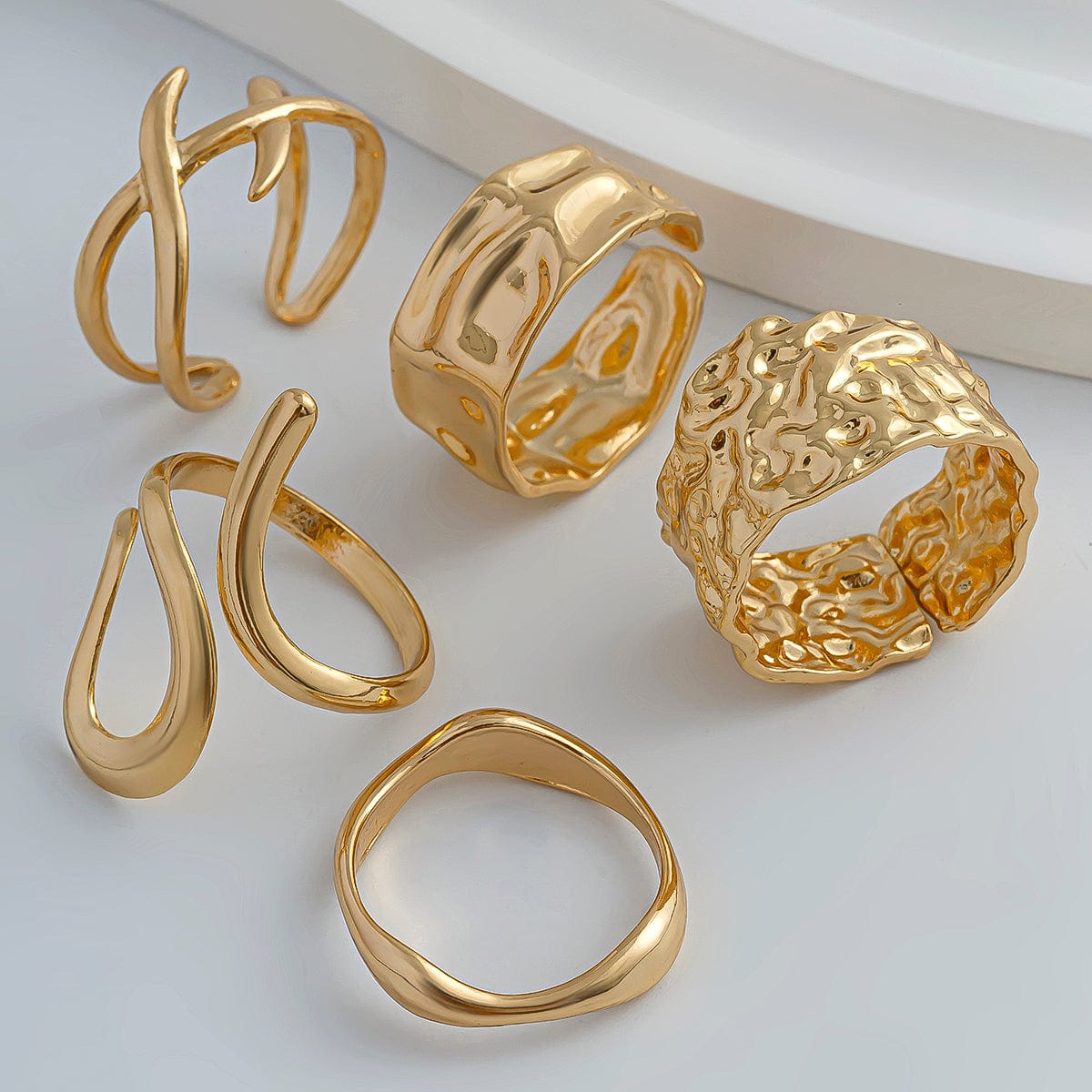 Geometric 5Pcs Chunky Hammered Stackable Open Ring Set