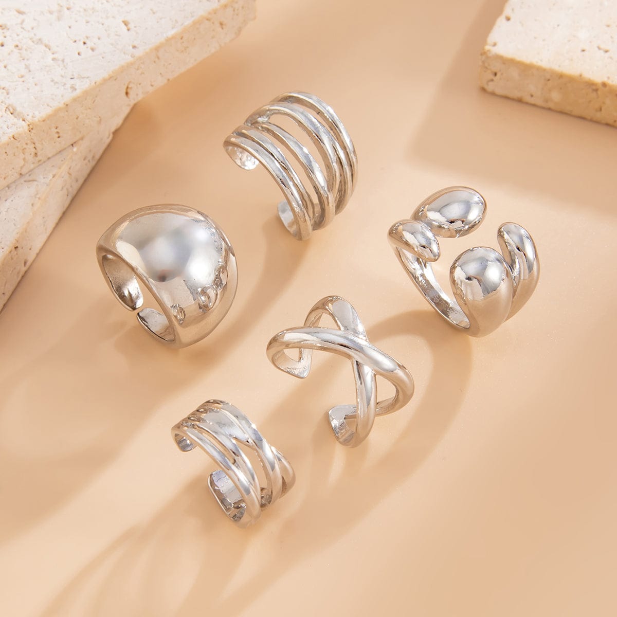 Geometric 5pcs Chunky Hollow Waterdrop Open Ring Set - ArtGalleryZen