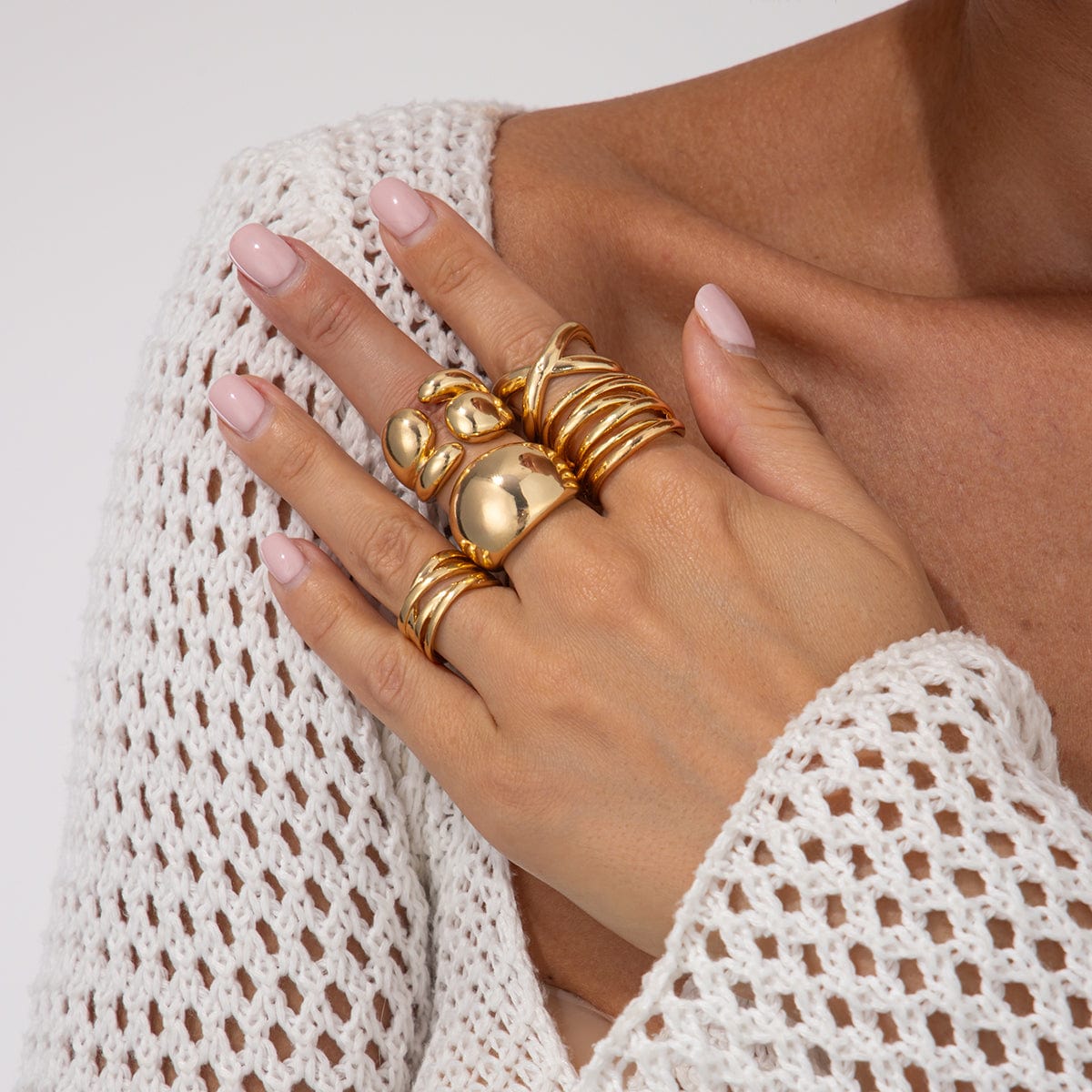 Geometric 5pcs Chunky Hollow Waterdrop Open Ring Set - ArtGalleryZen