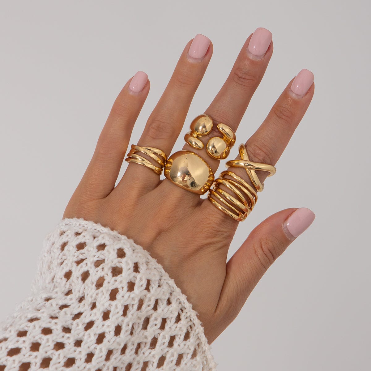 Geometric 5pcs Chunky Hollow Waterdrop Open Ring Set - ArtGalleryZen