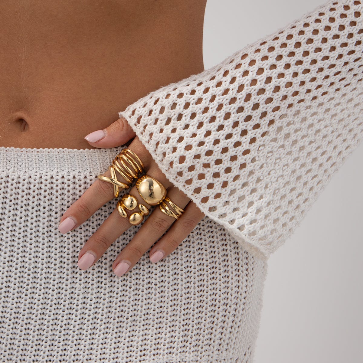 Geometric 5pcs Chunky Hollow Waterdrop Open Ring Set - ArtGalleryZen