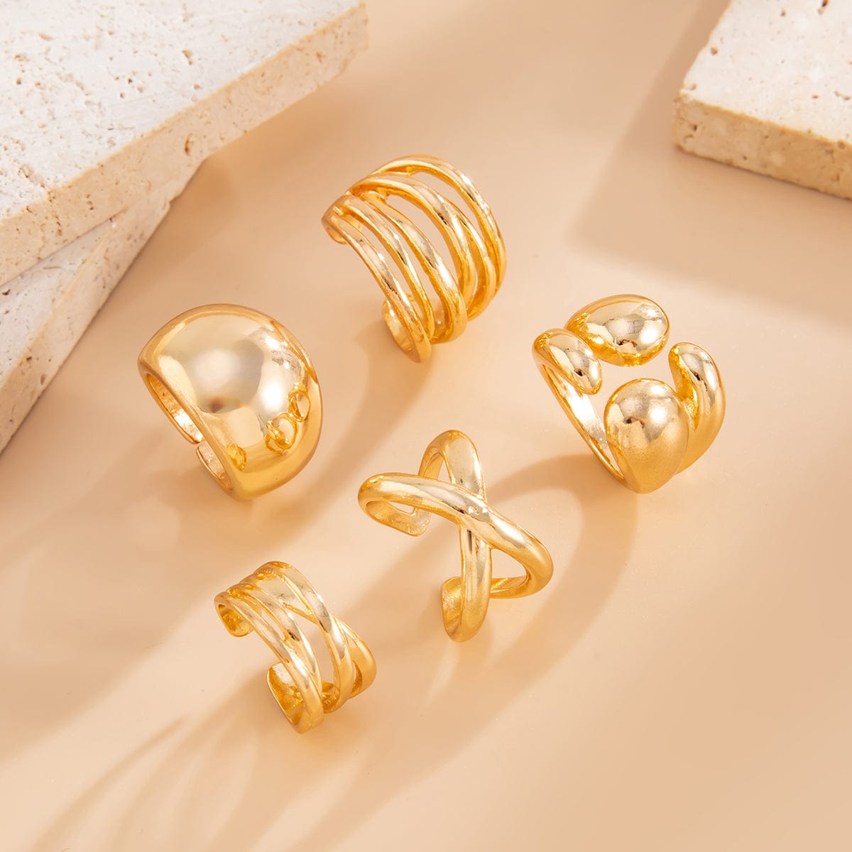 Geometric 5pcs Chunky Hollow Waterdrop Open Ring Set - ArtGalleryZen