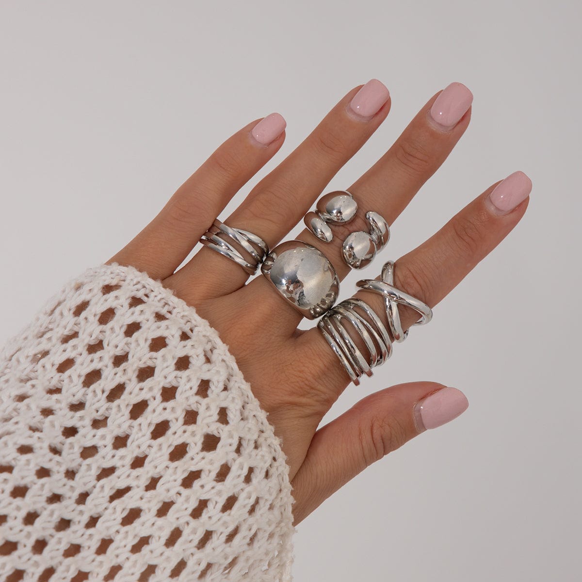 Geometric 5pcs Chunky Hollow Waterdrop Open Ring Set - ArtGalleryZen