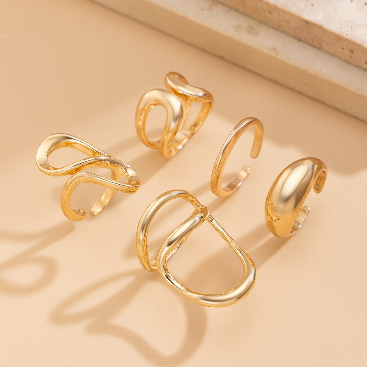 Geometric 5pcs Hollow Curved Pattern Stackable Ring Set - ArtGalleryZen