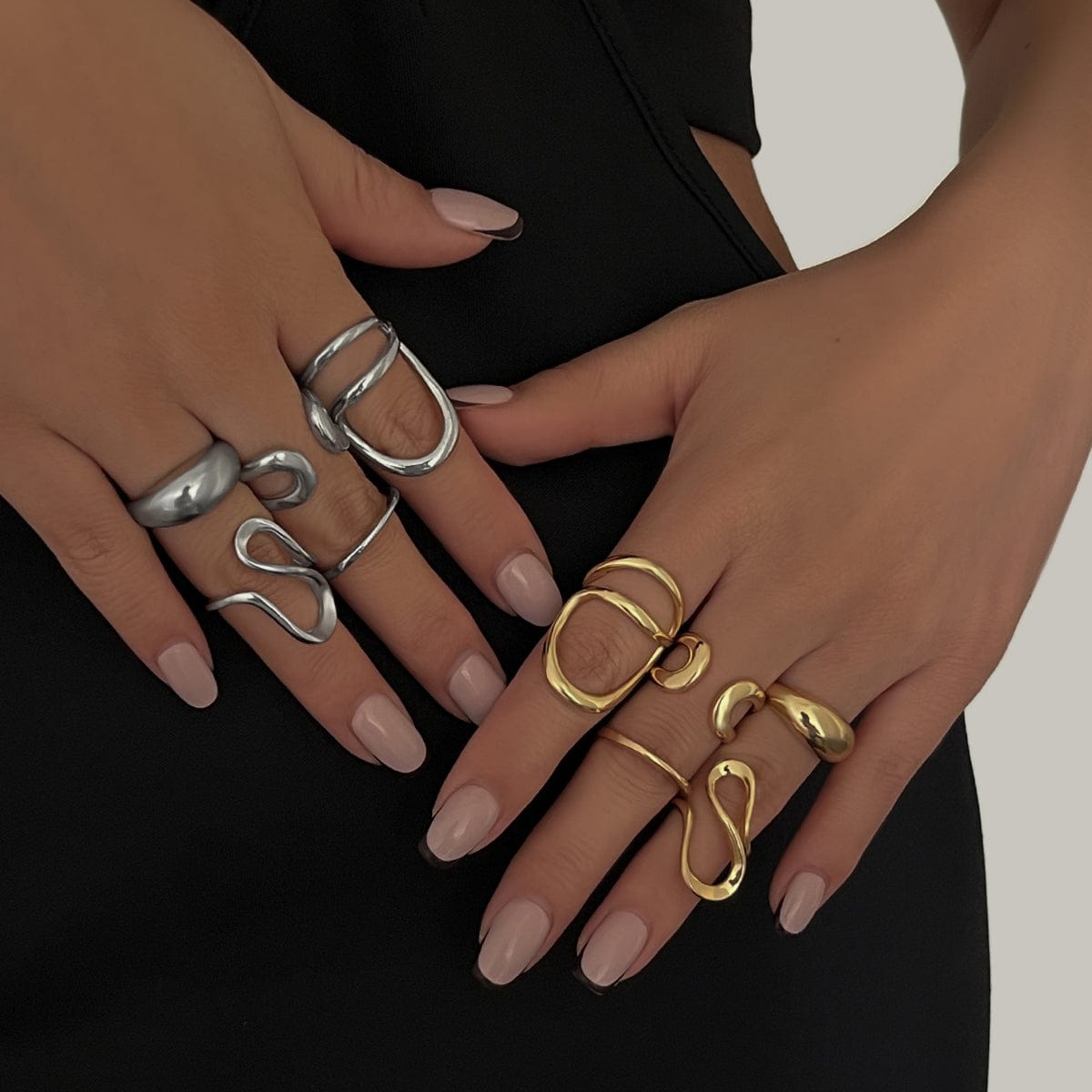 Geometric 5pcs Hollow Curved Pattern Stackable Ring Set - ArtGalleryZen