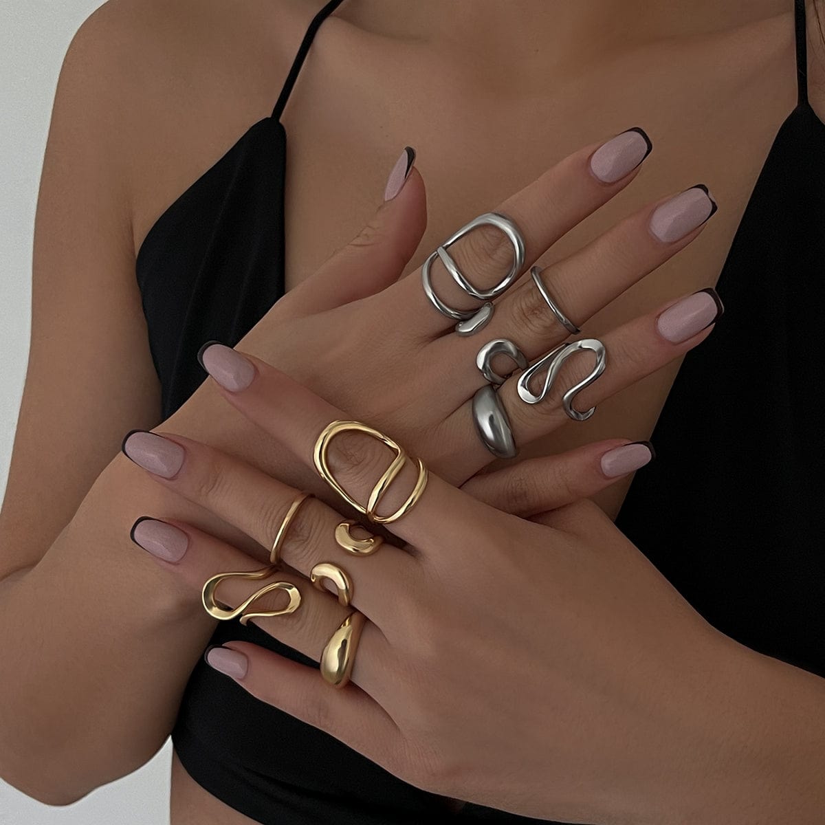 Geometric 5pcs Hollow Curved Pattern Stackable Ring Set