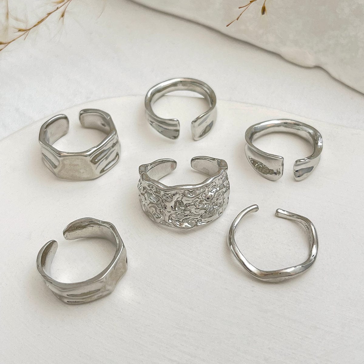 Geometric 6pcs Gold Silver Plated Textured Open Ring Set - ArtGalleryZen