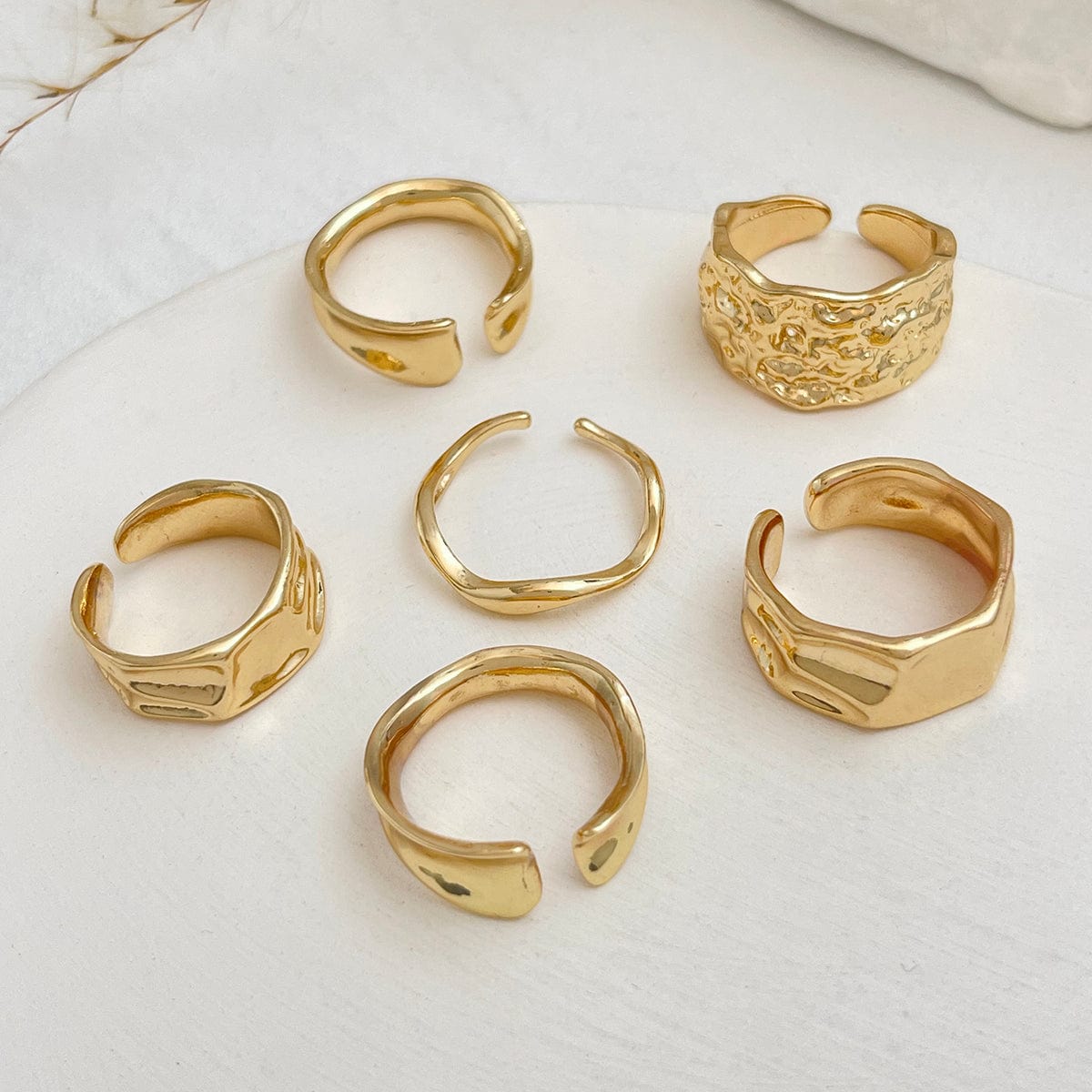 Geometric 6pcs Gold Silver Plated Textured Open Ring Set - ArtGalleryZen
