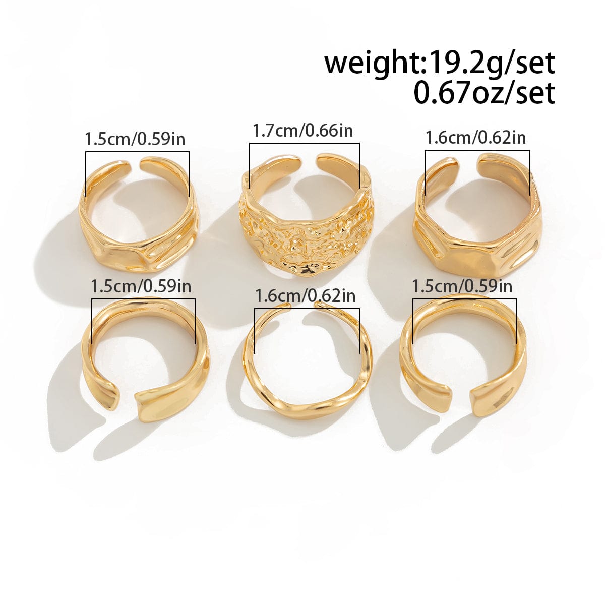 Geometric 6pcs Gold Silver Plated Textured Open Ring Set - ArtGalleryZen