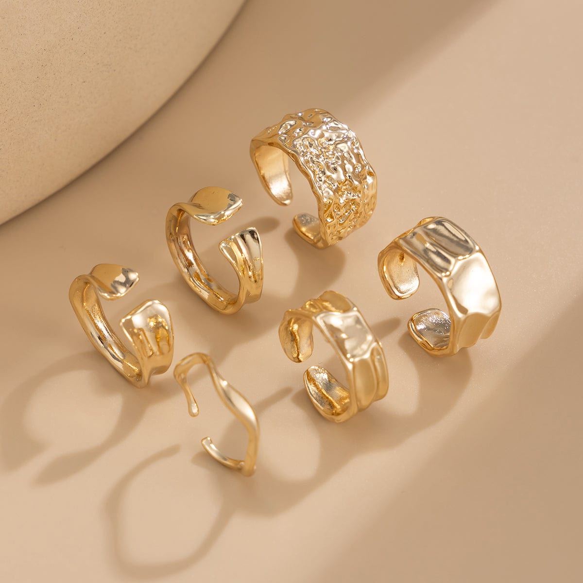Geometric 6pcs Gold Silver Plated Textured Open Ring Set - ArtGalleryZen