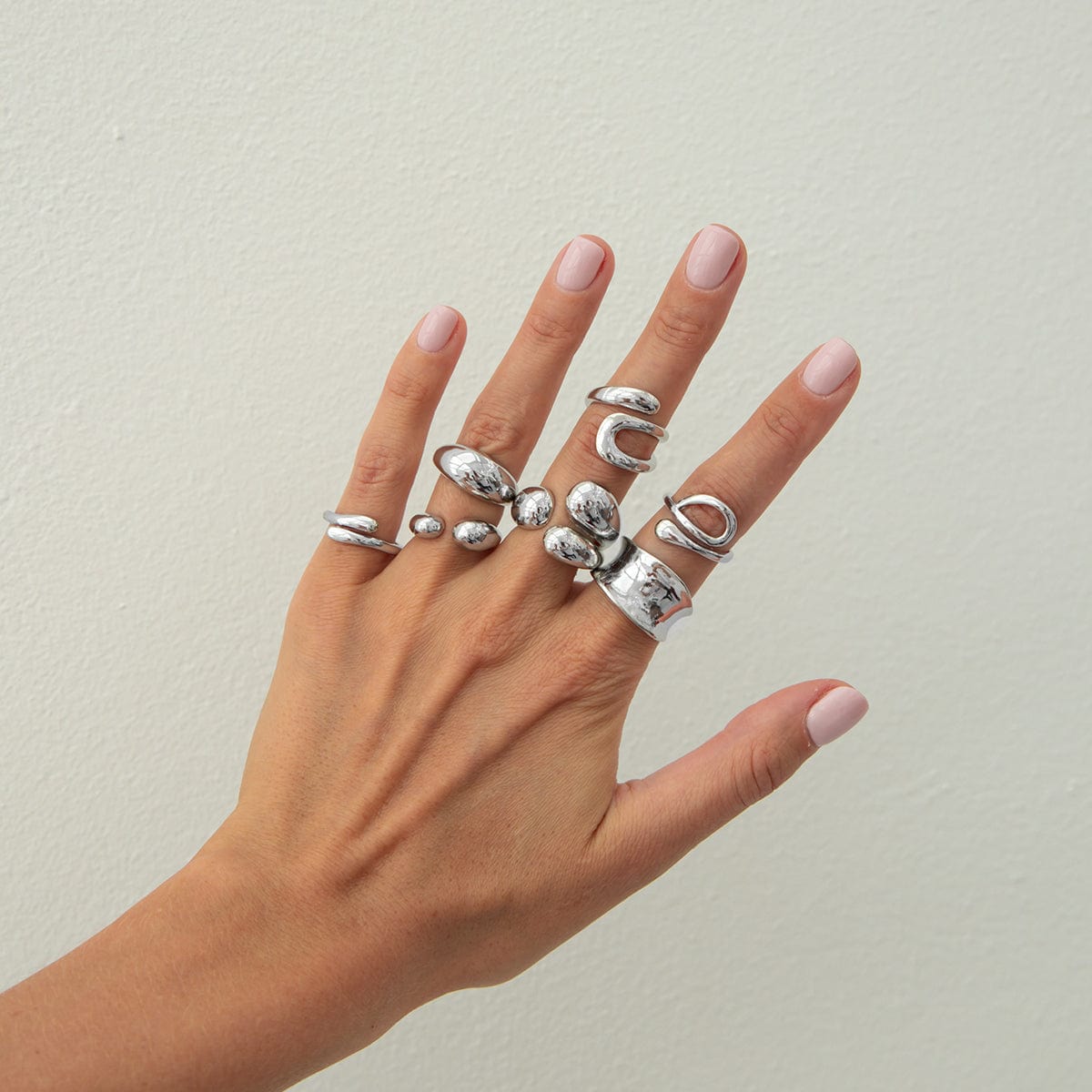 Geometric 7pcs Gold Silver Tone Chunky Hollow Waterdrop Ring Set - ArtGalleryZen