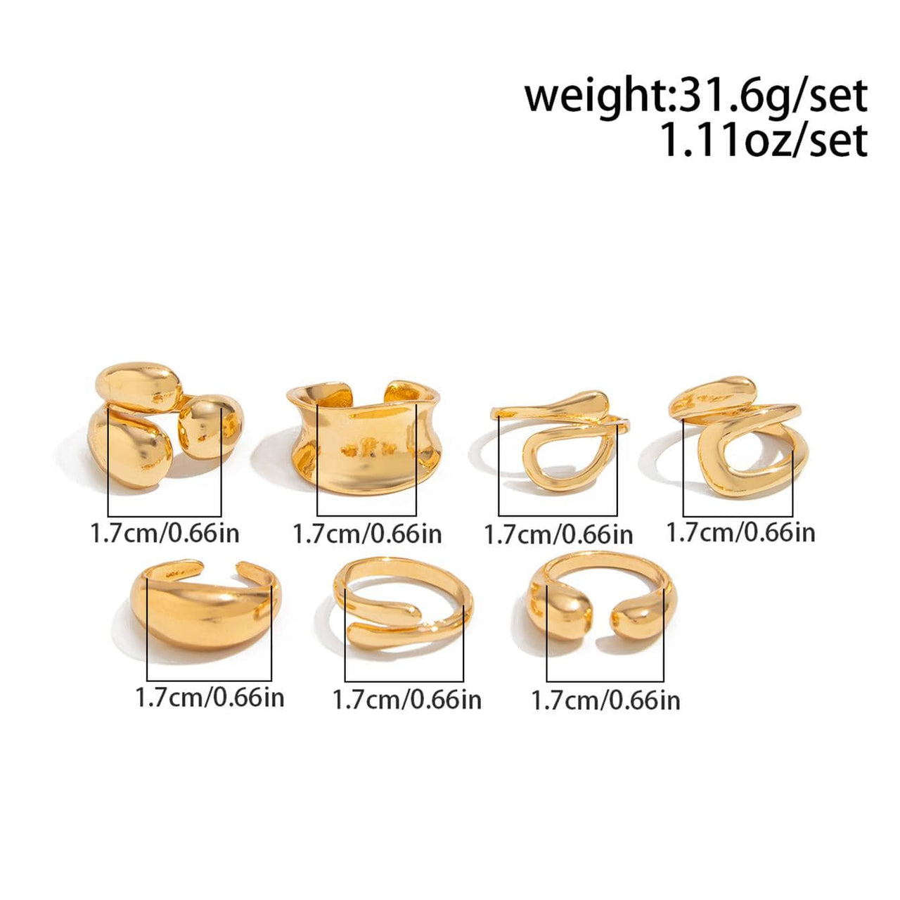 Geometric 7pcs Gold Silver Tone Chunky Hollow Waterdrop Ring Set - ArtGalleryZen