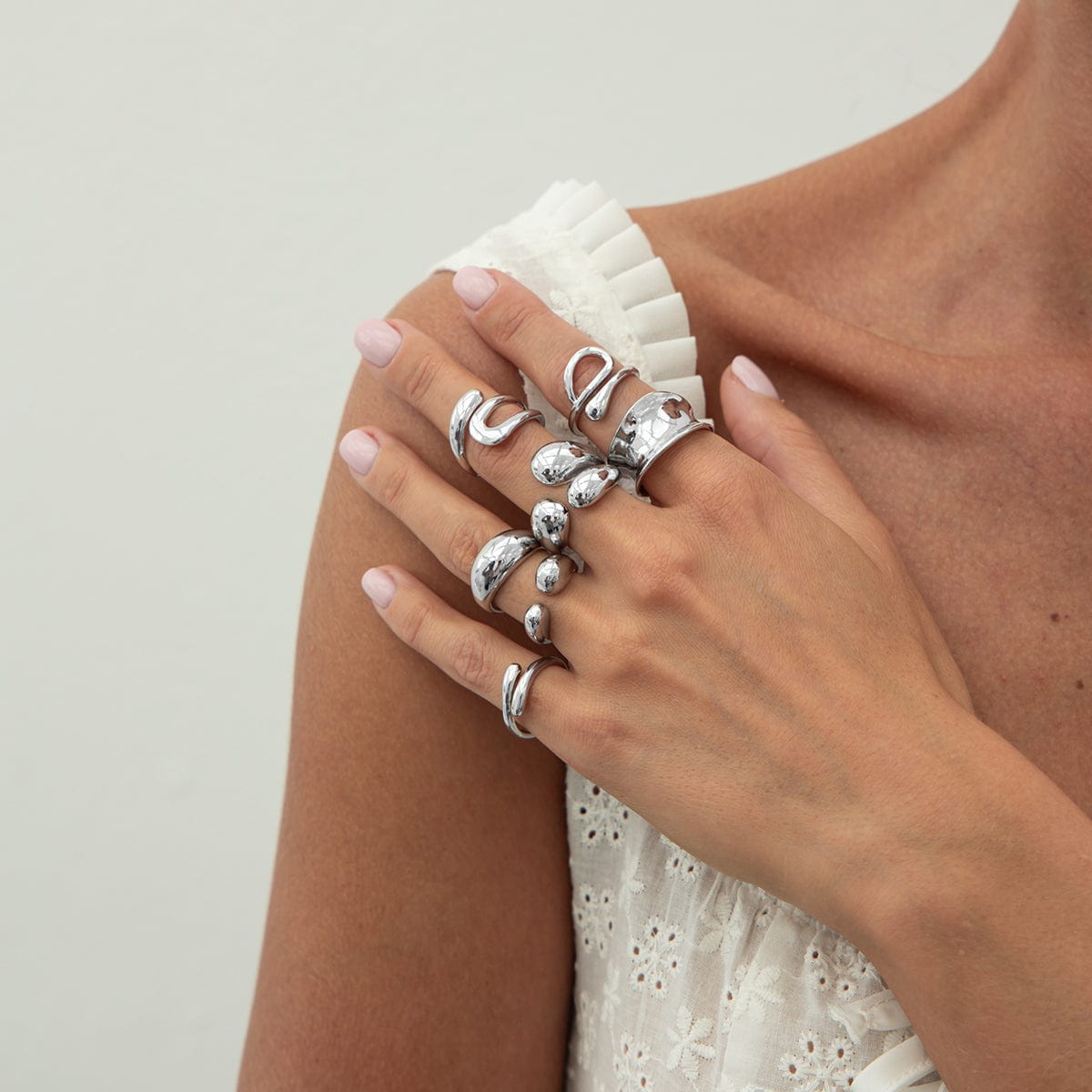 Geometric 7pcs Gold Silver Tone Chunky Hollow Waterdrop Ring Set - ArtGalleryZen