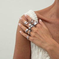 Thumbnail for Geometric 7pcs Gold Silver Tone Chunky Hollow Waterdrop Ring Set - ArtGalleryZen