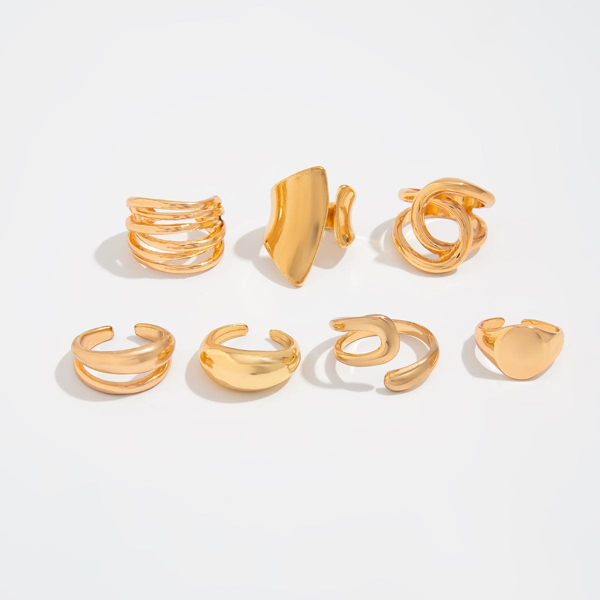 Geometric 7pcs Irregular Curved Chunky Hollow Ring Set - ArtGalleryZen
