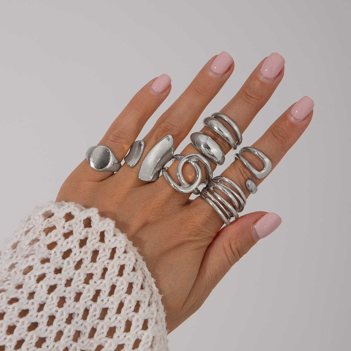 Geometric 7pcs Irregular Curved Chunky Hollow Ring Set - ArtGalleryZen