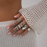 Thumbnail for Geometric 7pcs Irregular Curved Chunky Hollow Ring Set - ArtGalleryZen