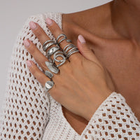 Thumbnail for Geometric 7pcs Irregular Curved Chunky Hollow Ring Set - ArtGalleryZen