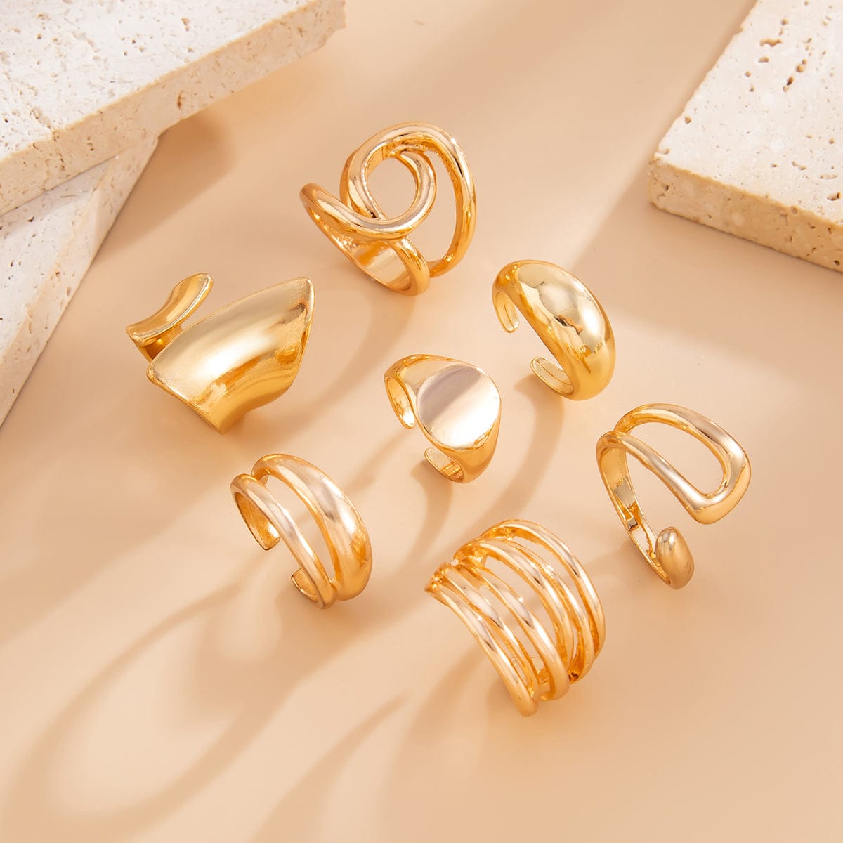 Geometric 7pcs Irregular Curved Chunky Hollow Ring Set - ArtGalleryZen