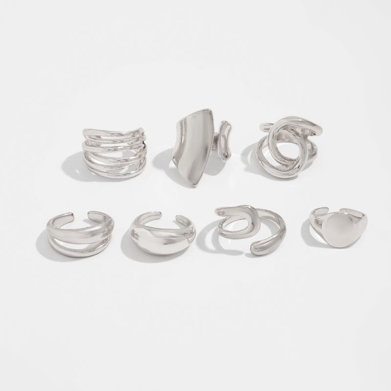Geometric 7pcs Irregular Curved Chunky Hollow Ring Set - ArtGalleryZen