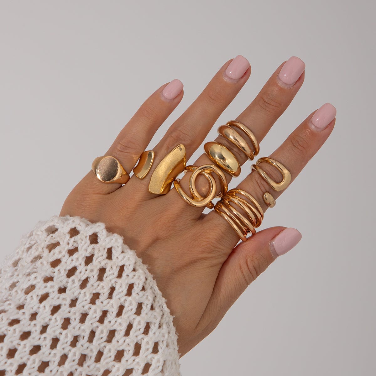 Geometric 7pcs Irregular Curved Chunky Hollow Ring Set - ArtGalleryZen