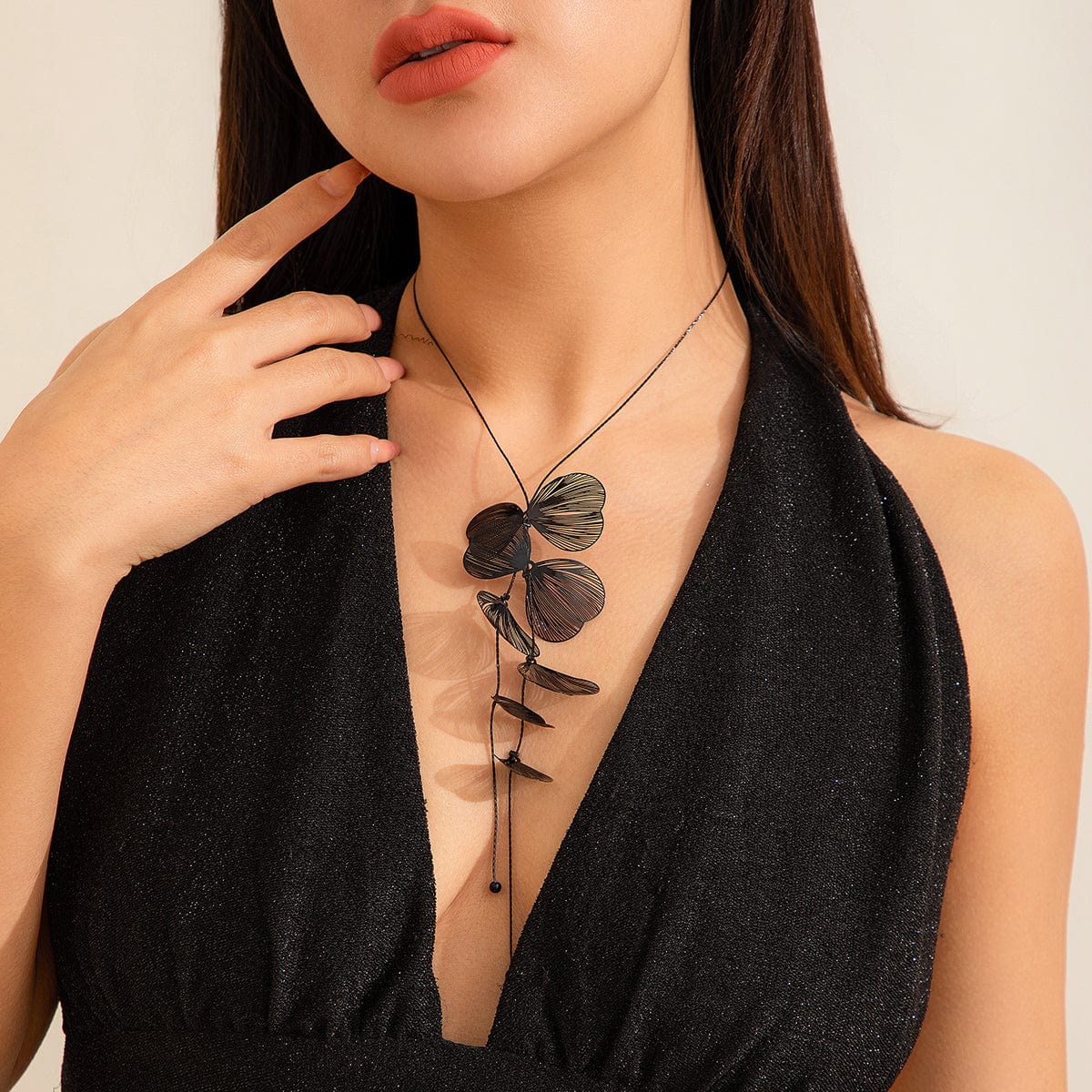 Geometric Abstract Black Leaf Pendant Y Necklace - ArtGalleryZen