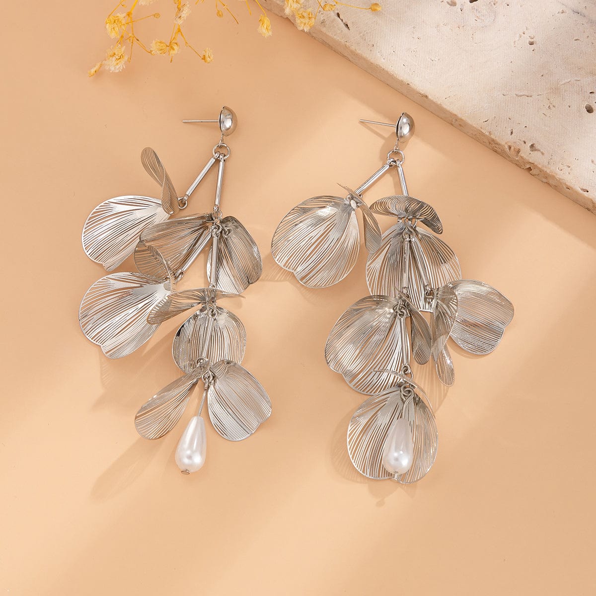 Geometric Abstract Chunky Dangling Floral Pearl Earrings