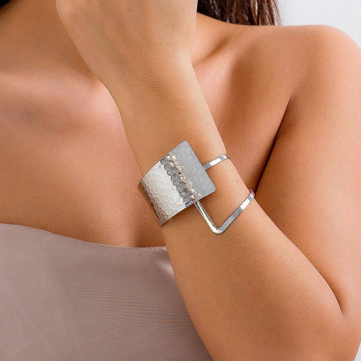 Geometric Hollow Patchwork Wide Cuff Bangle Bracelet - ArtGalleryZen