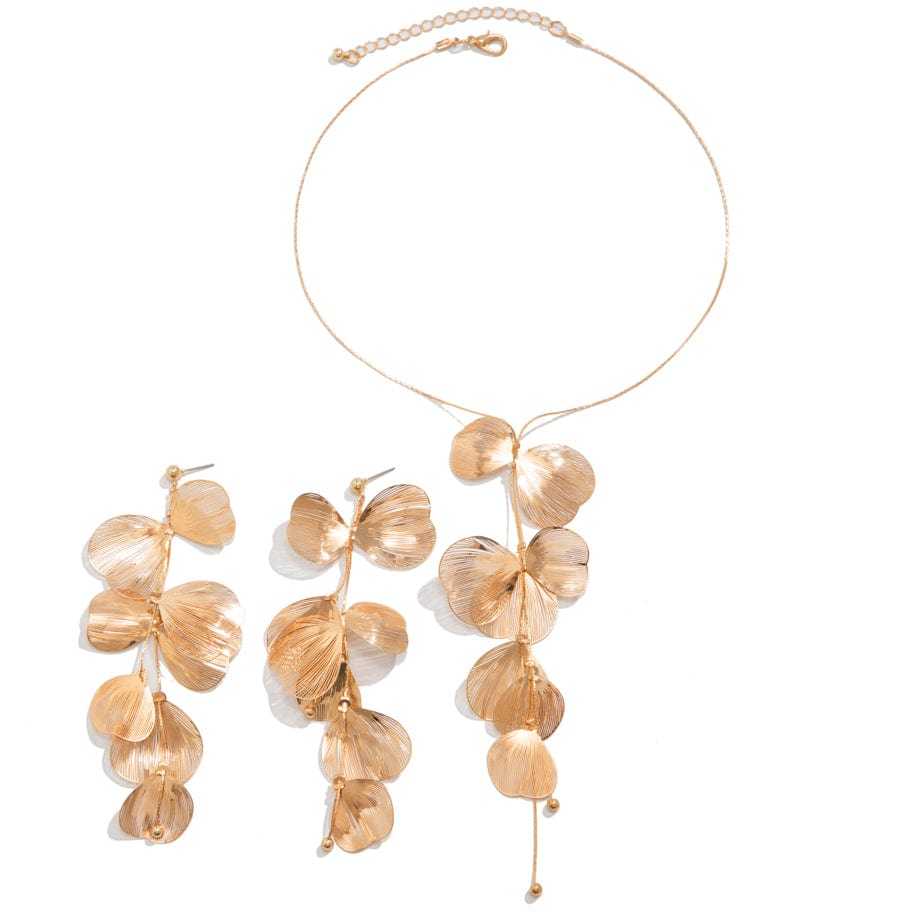 Geometric Abstract Gold Silver Tone Leaf Pendant Earrings Necklace Set - ArtGalleryZen