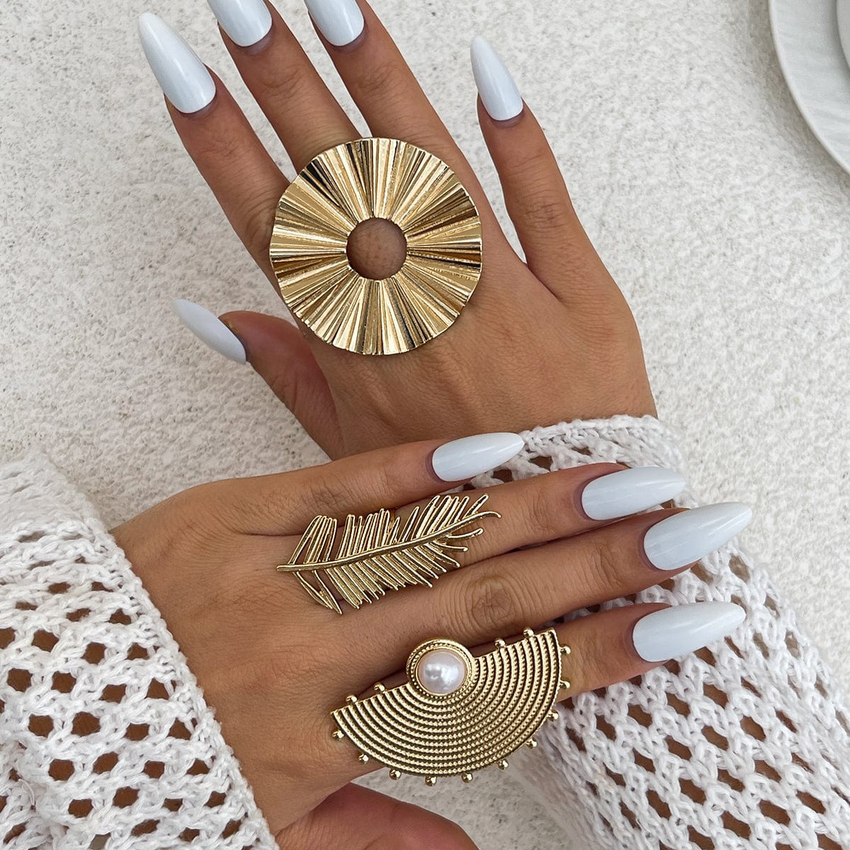 Geometric Abstract Lotus Leaf Feather Pearl Open Ring Set - ArtGalleryZen