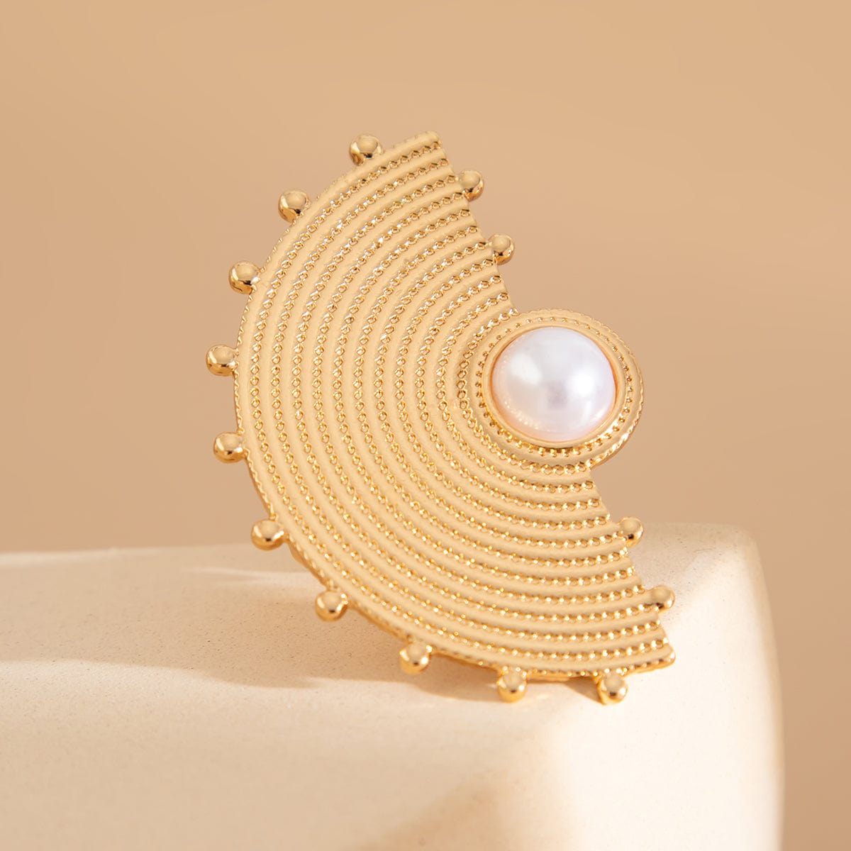 Geometric Abstract Lotus Leaf Feather Pearl Open Ring Set - ArtGalleryZen