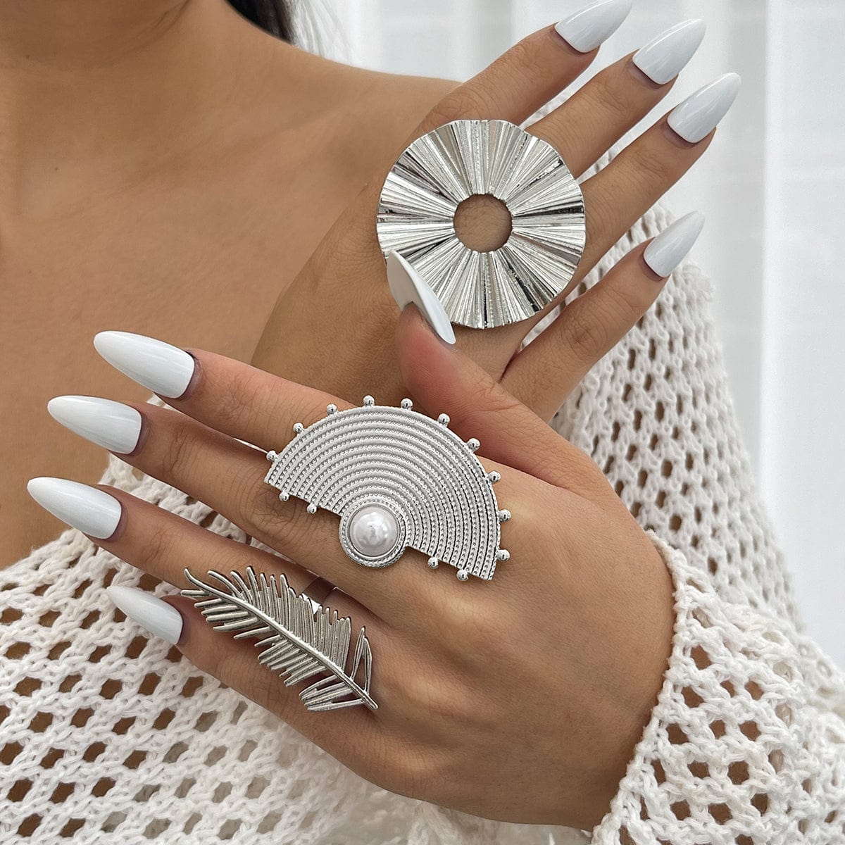 Geometric Abstract Lotus Leaf Feather Pearl Open Ring Set - ArtGalleryZen