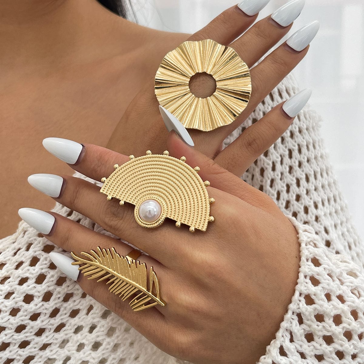 Geometric Abstract Lotus Leaf Feather Pearl Open Ring Set - ArtGalleryZen