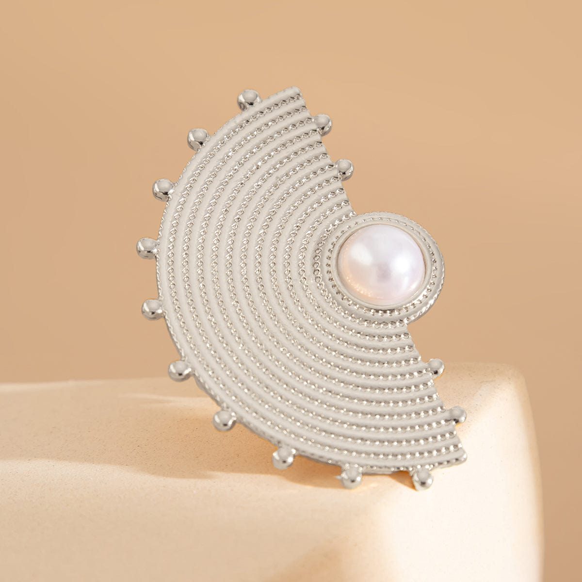 Geometric Abstract Lotus Leaf Feather Pearl Open Ring Set - ArtGalleryZen